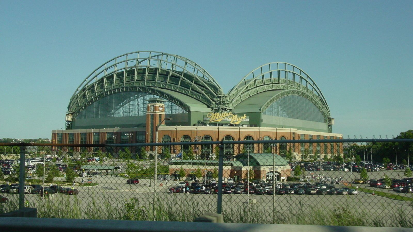 Miller Park from across a parking lot