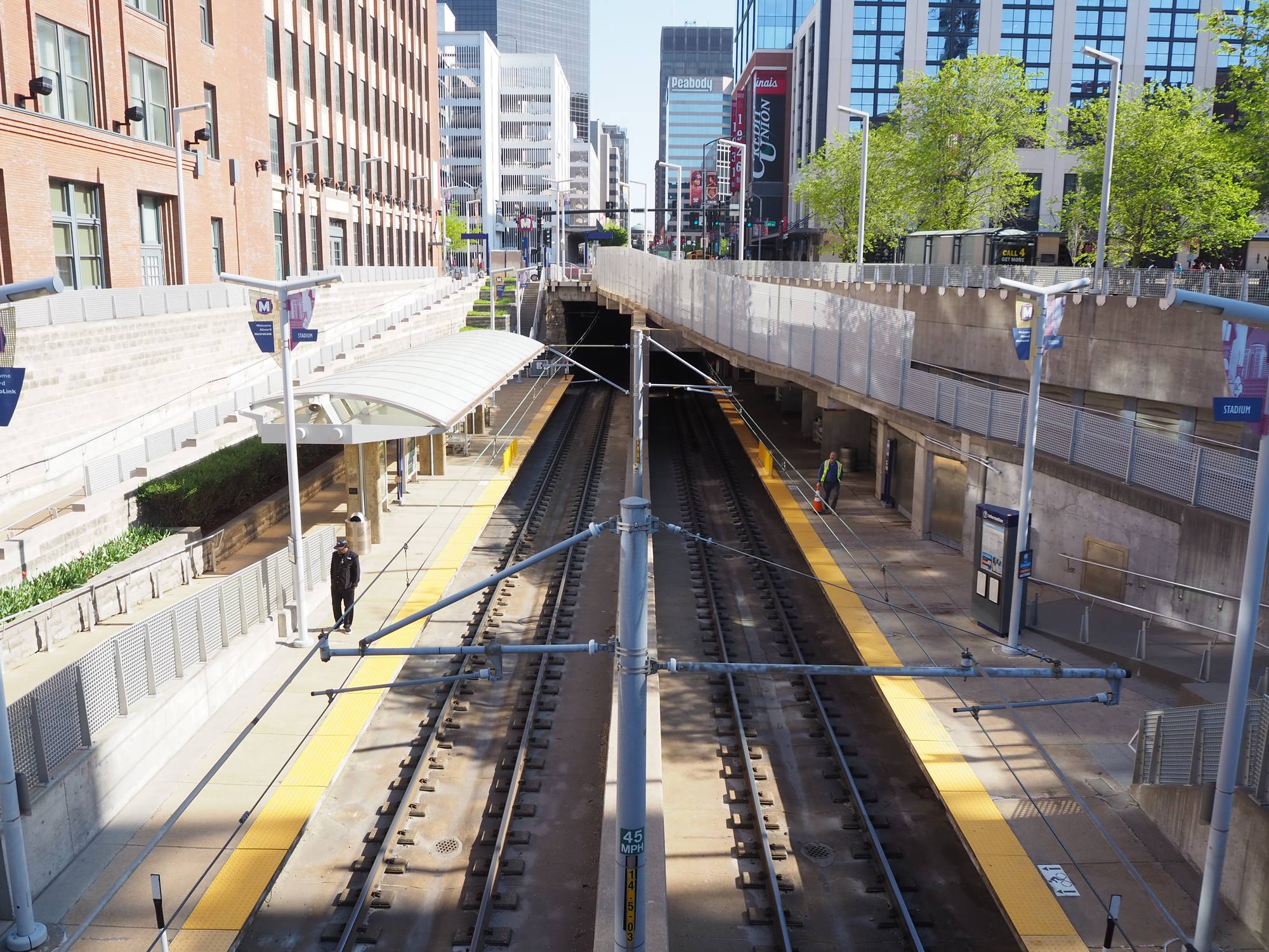 The MetroLink Stadium station platforms next to Busch Stadium