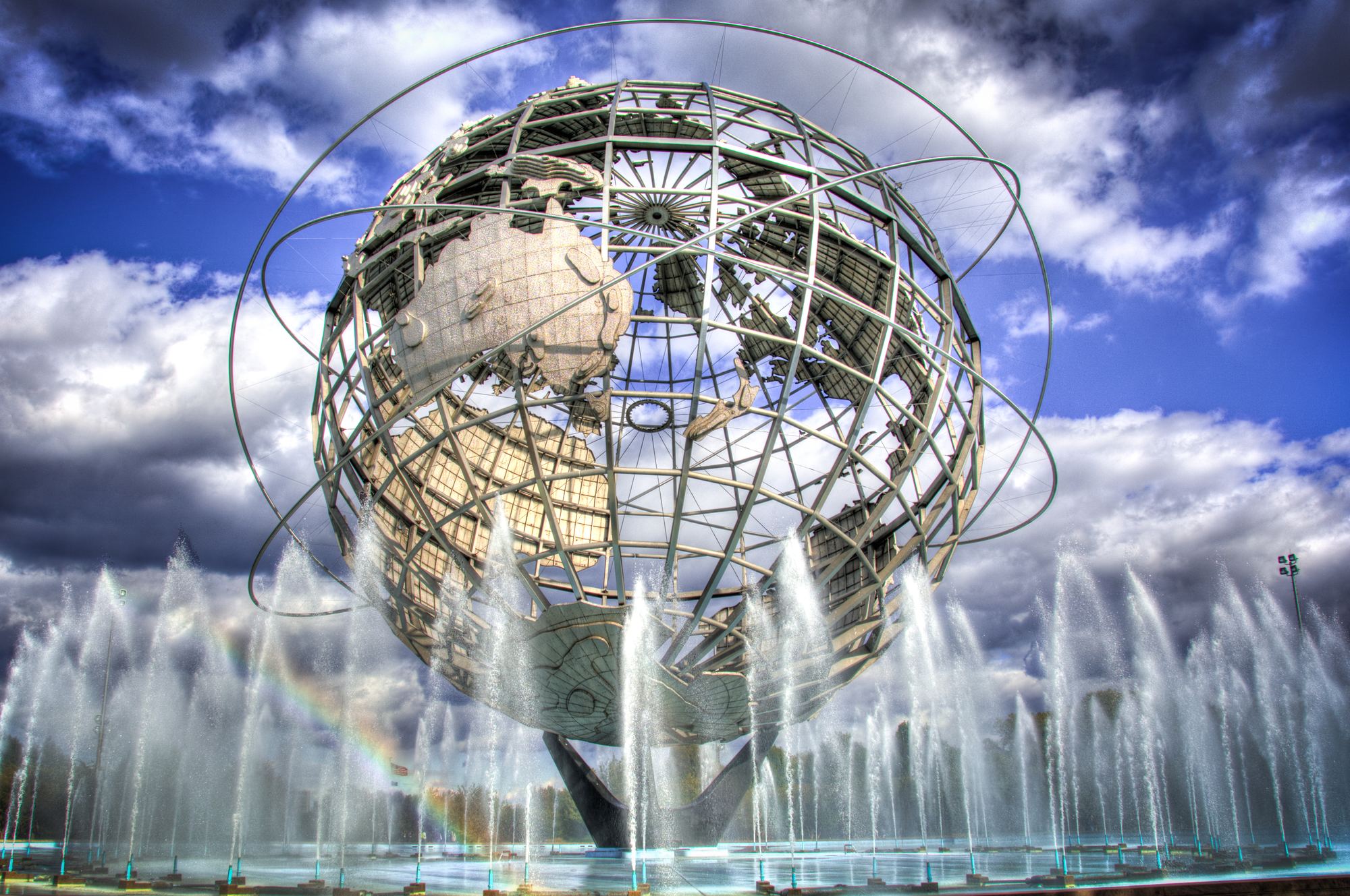 The Unisphere in Flushing Meadows Corona Park, with its fountains running