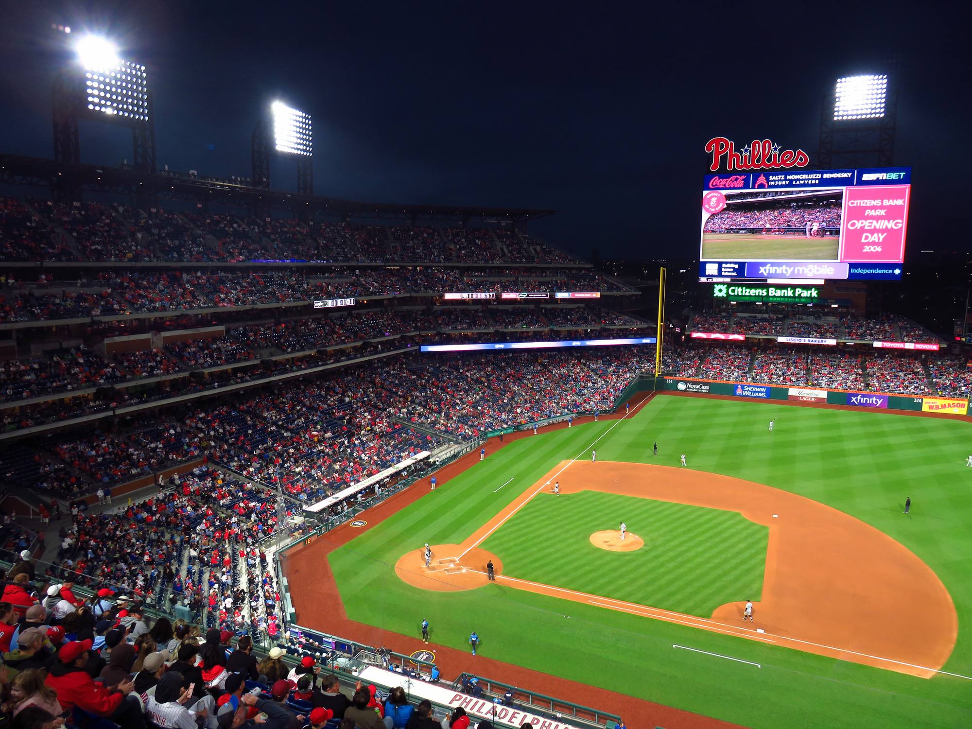 Citizens Bank Park from the upper deck, with Ashburn Alley behind the outfield and the home run Liberty Bell beyond it