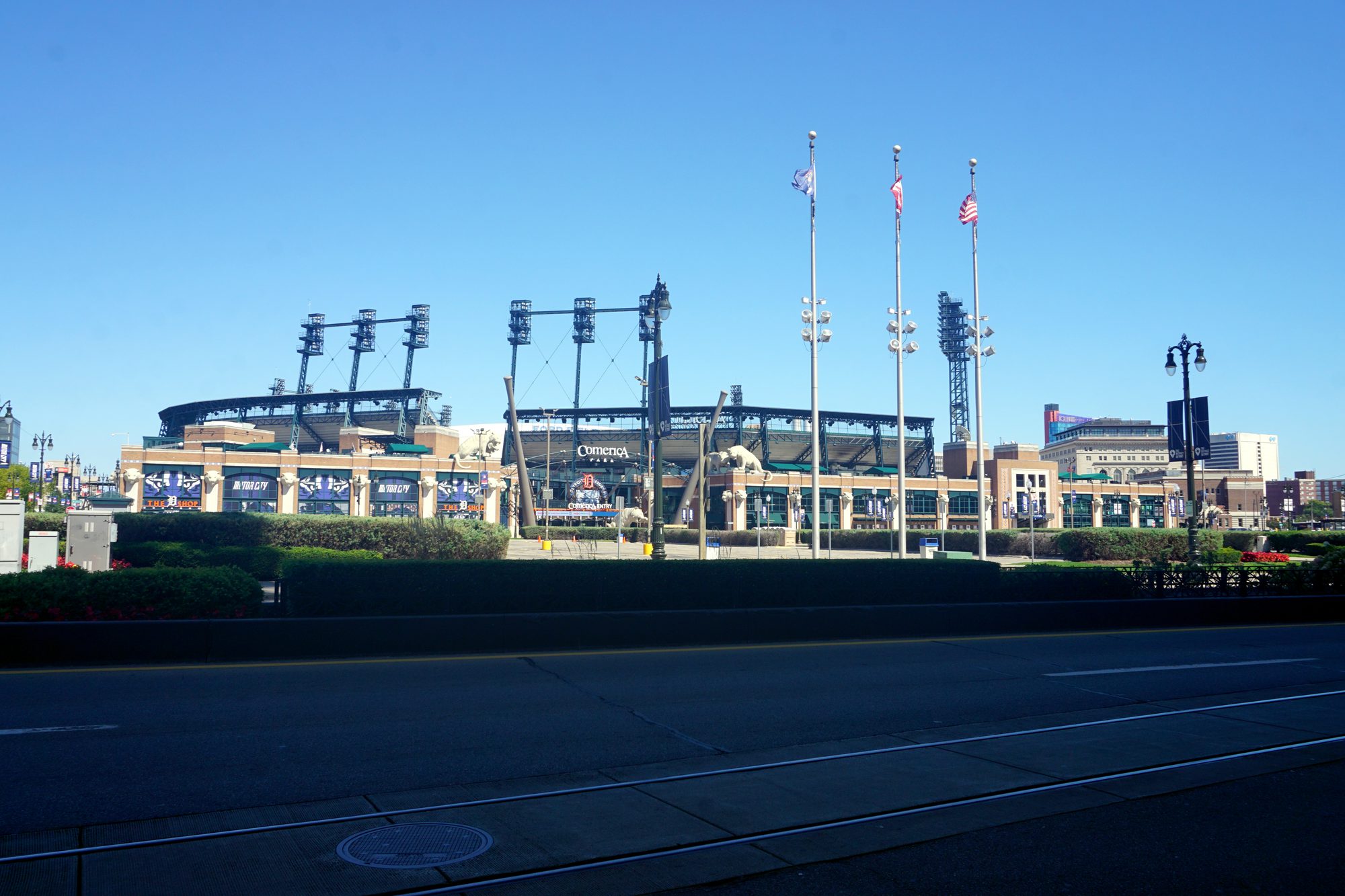 The Comerica Park exterior and main entrance from across Woodward Avenue