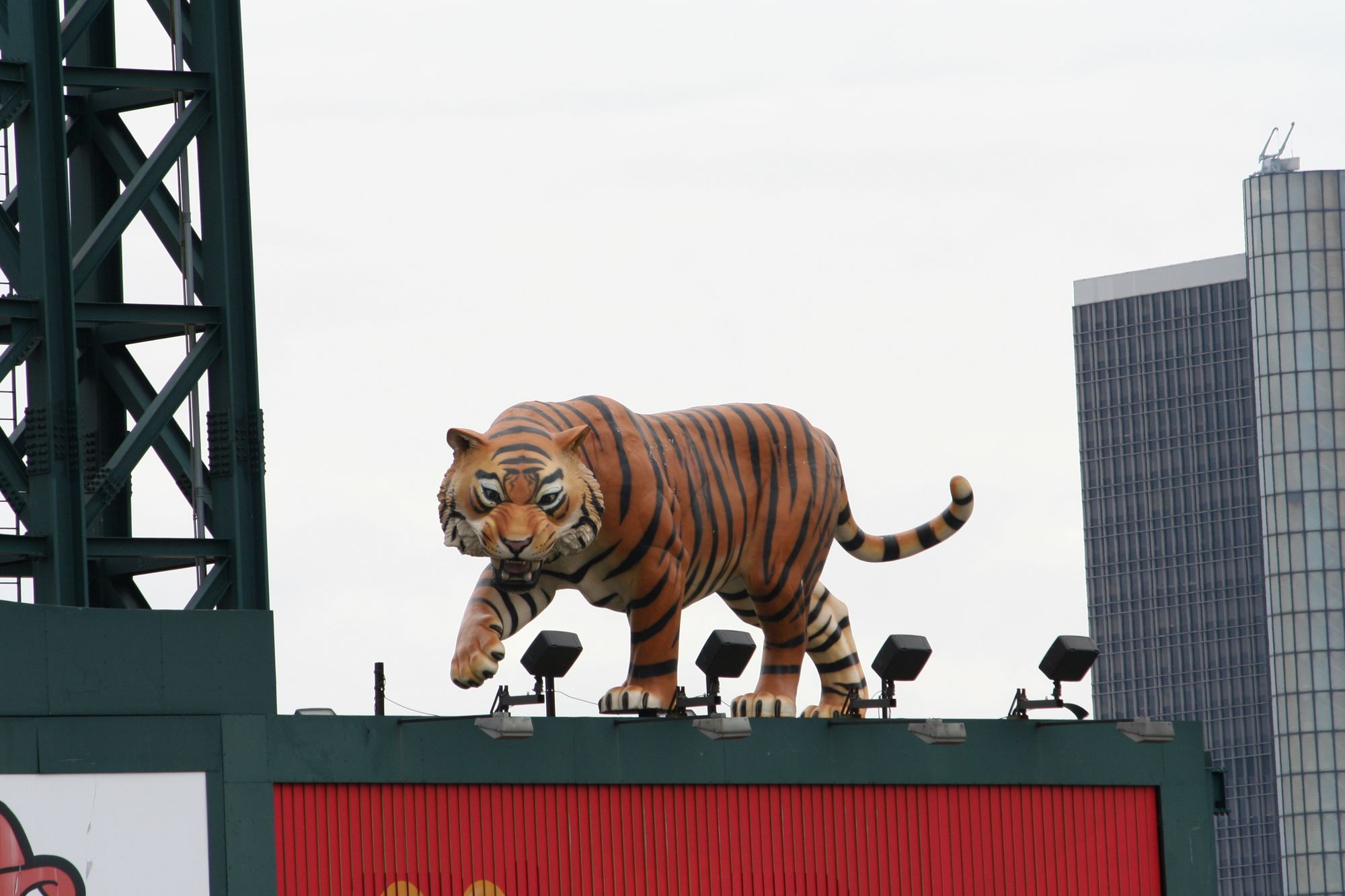 The tiger statue on top of Comerica Park
