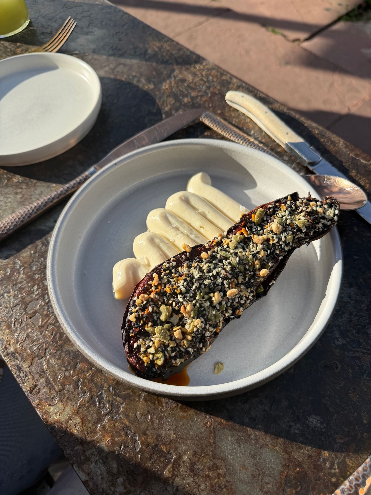 A seed-crusted roasted dish over piped crema on a white plate at Alma Fonda Fina in Denver, photographed outdoors on the patio in low evening sun