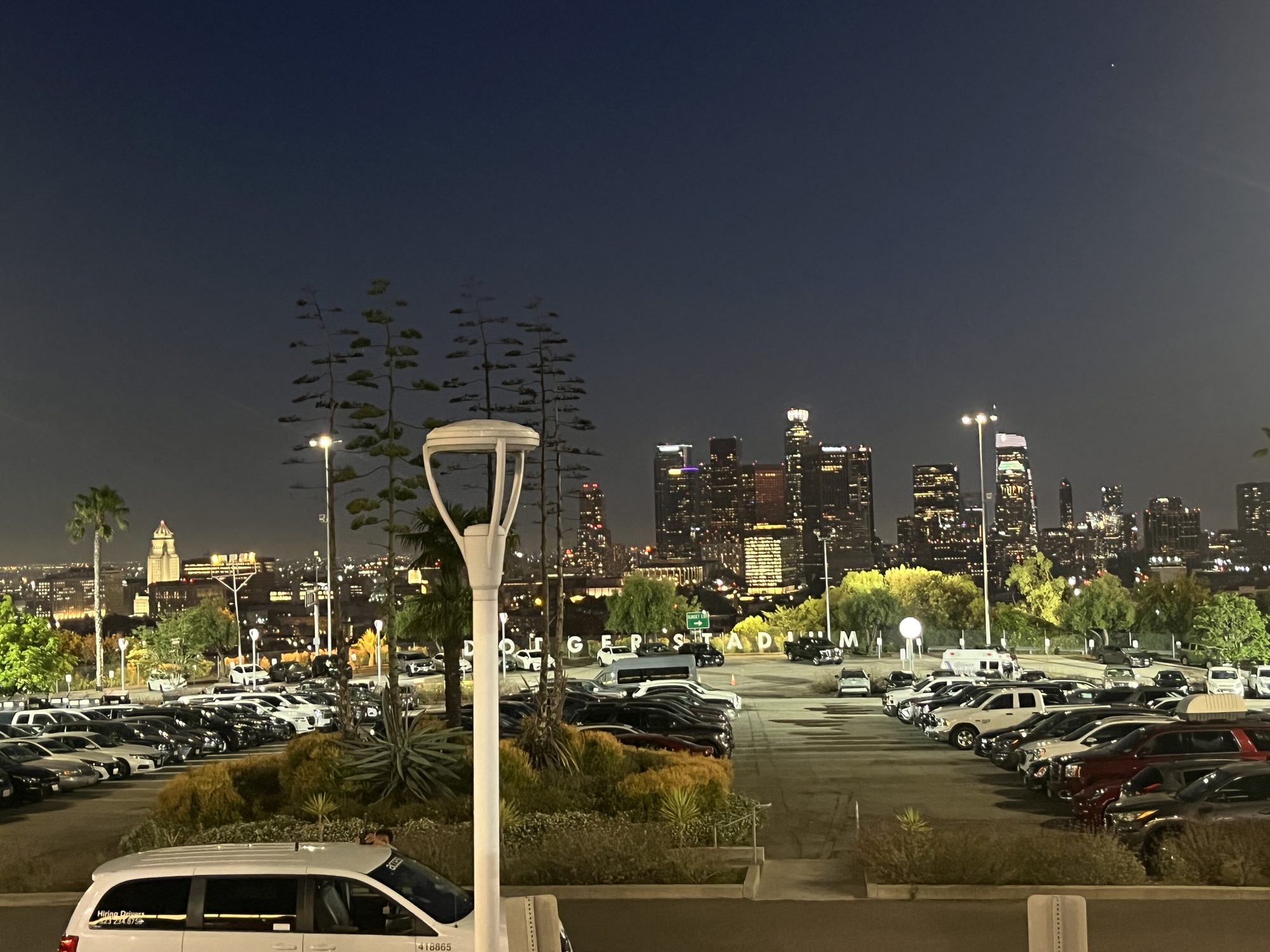 The downtown Los Angeles skyline from the Dodger Stadium terraced parking lots