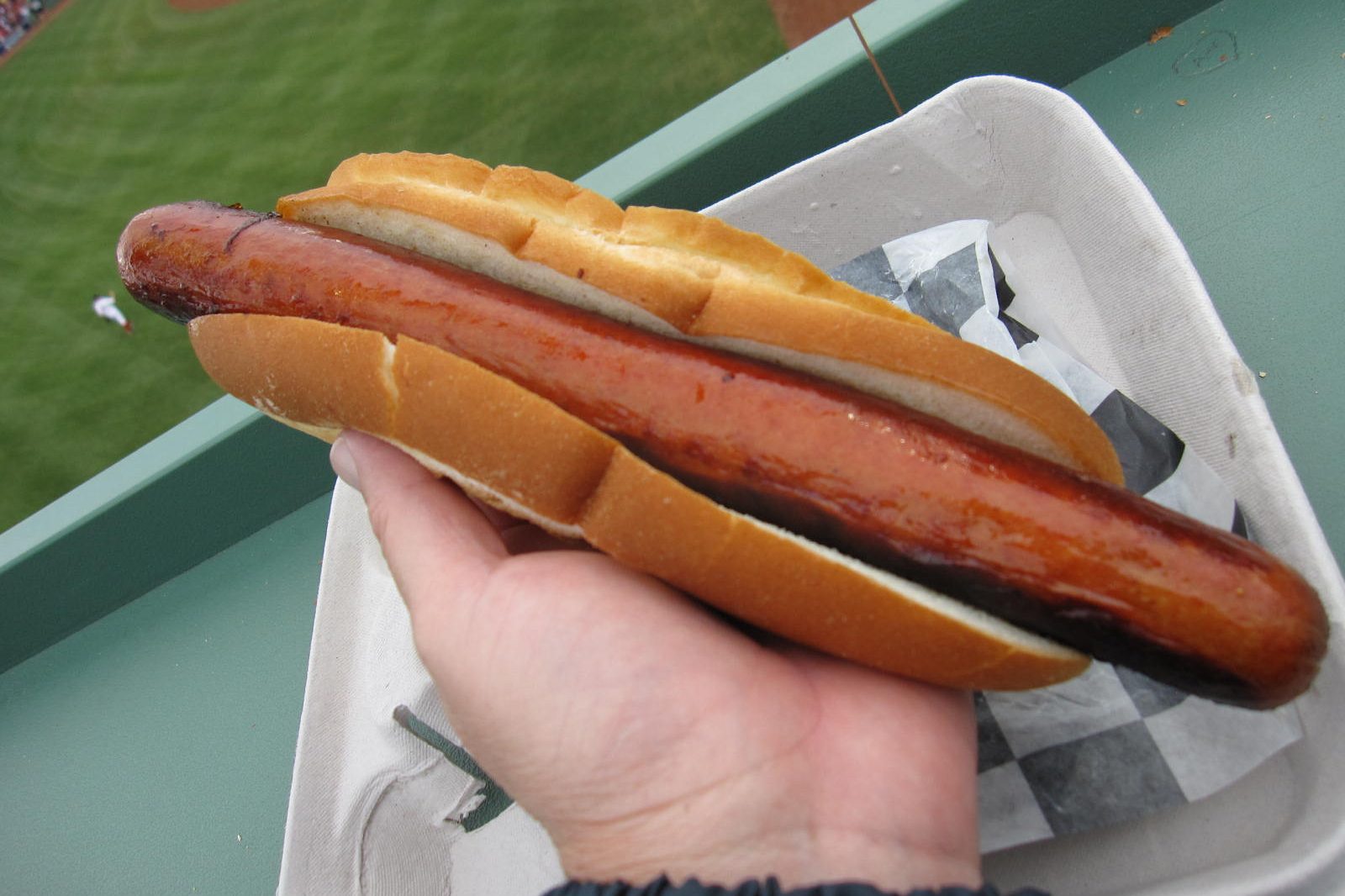 A Monster Dog held in one hand over the green top of the Green Monster at Fenway Park, the grilled dog overhanging both ends of the bun, with the outfield grass below