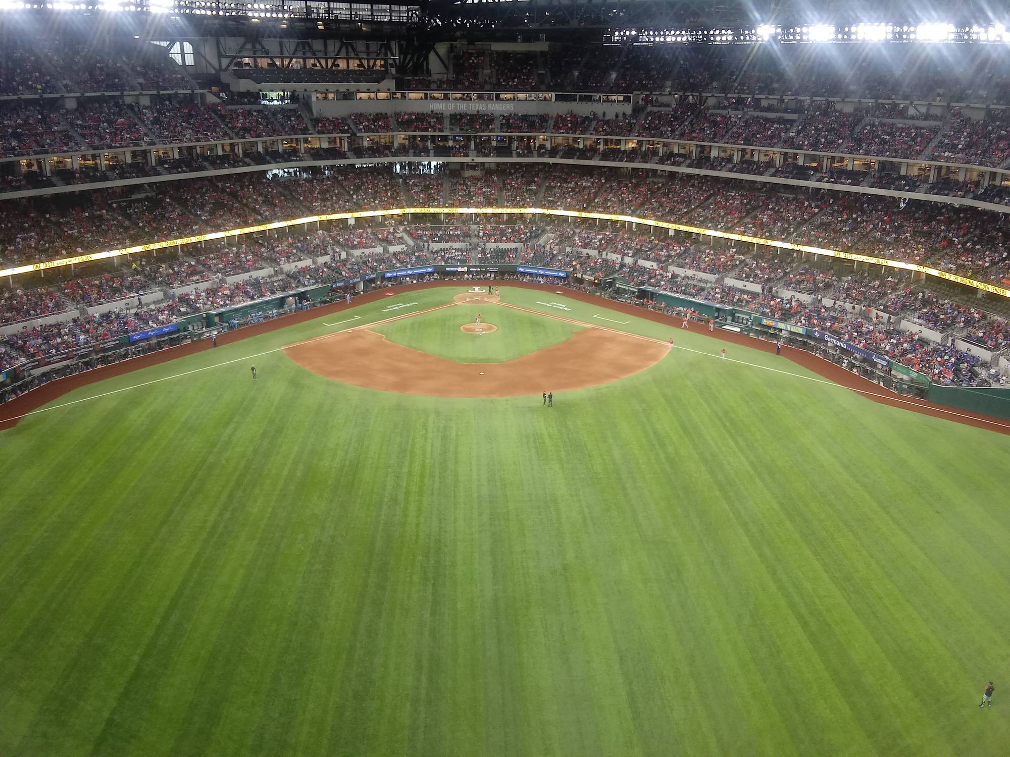 The seating bowl and field inside Globe Life Field with the roof closed overhead