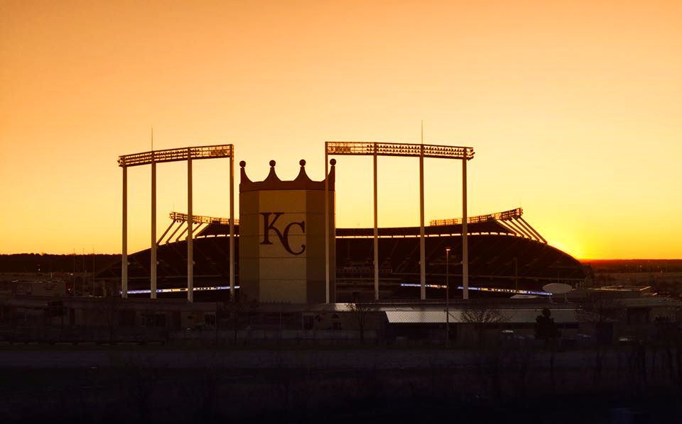 The Kauffman Stadium scoreboard at sunset