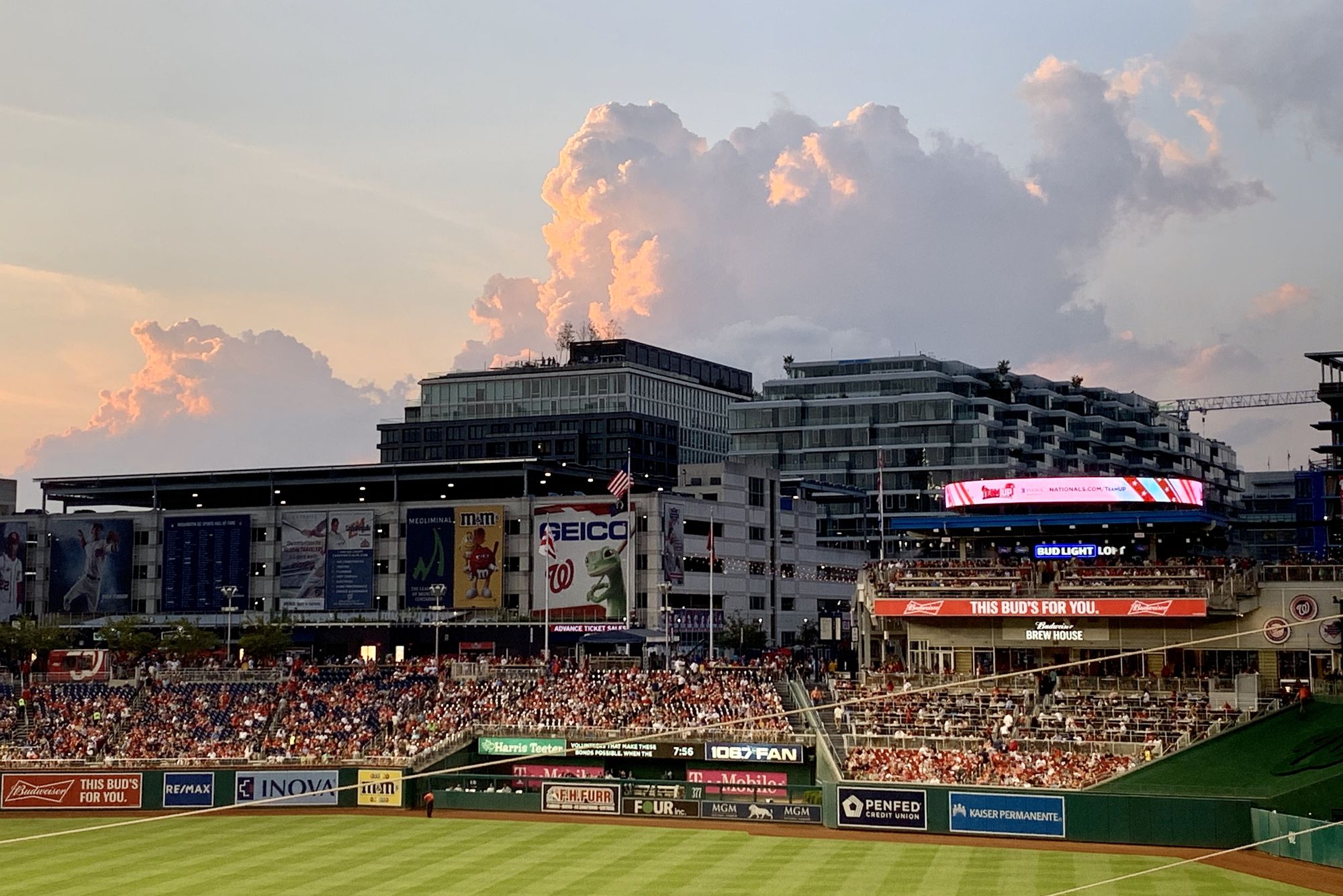 Sunset over the outfield buildings at Nationals Park on an August evening