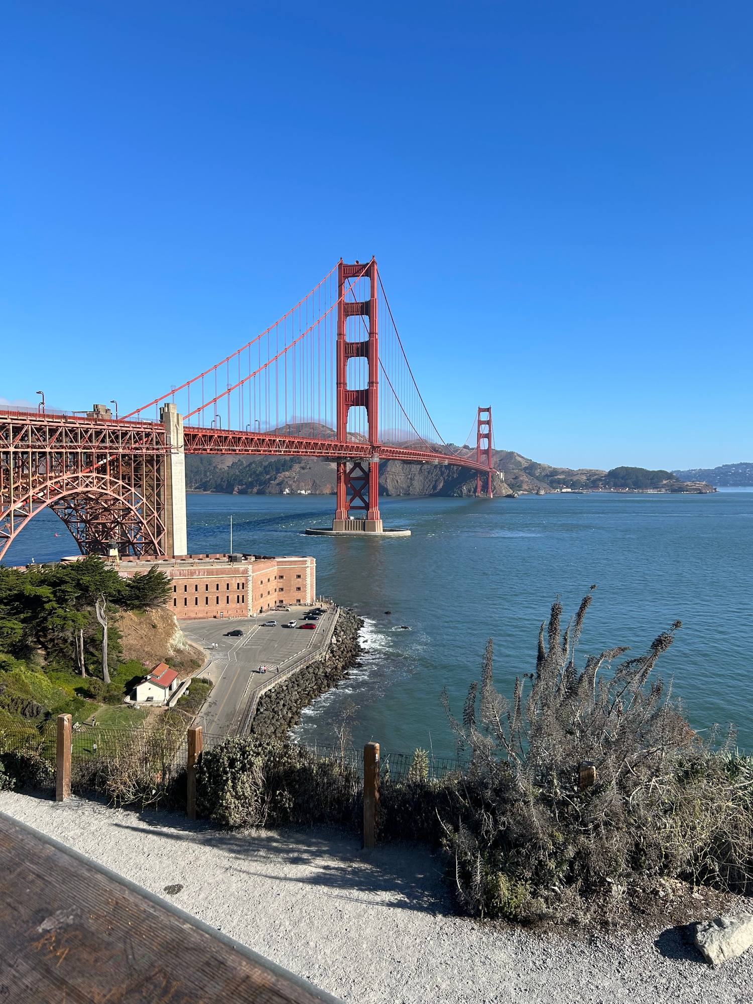 The Golden Gate Bridge from the Marin overlook, the full span lined up in front of the San Francisco skyline
