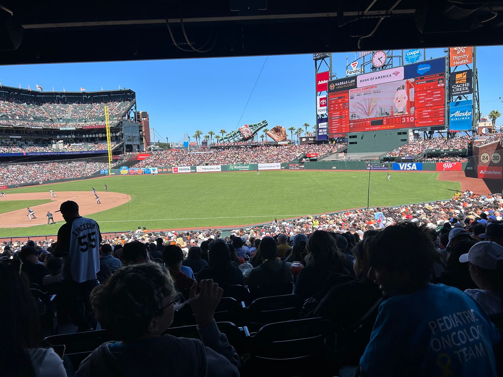 The lower bowl at Oracle Park on a sunny afternoon, looking out past the scoreboard toward the Coca-Cola bottle and glove above the left-field bleachers