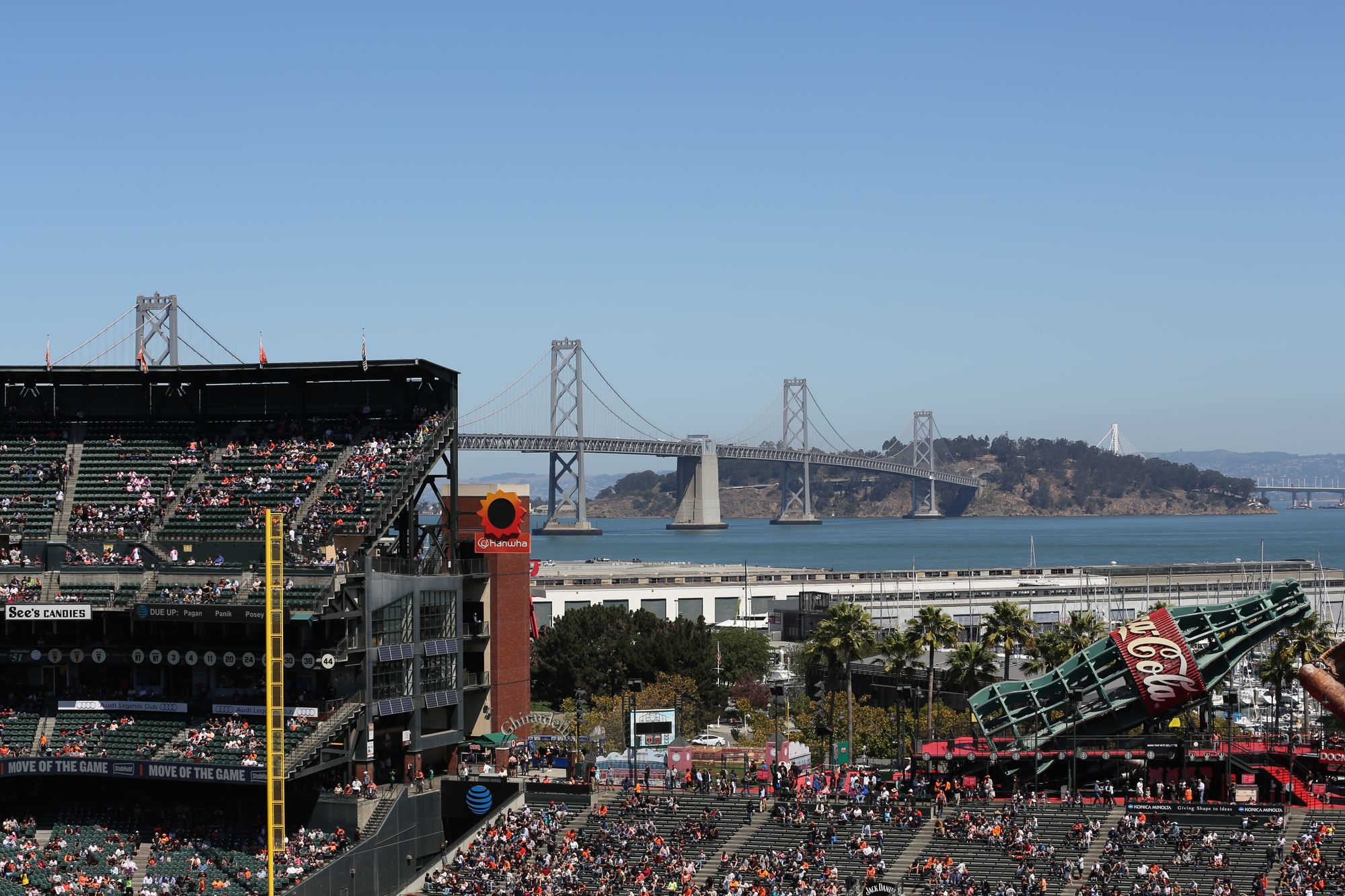 The Bay Bridge beyond the left field seats at Oracle Park