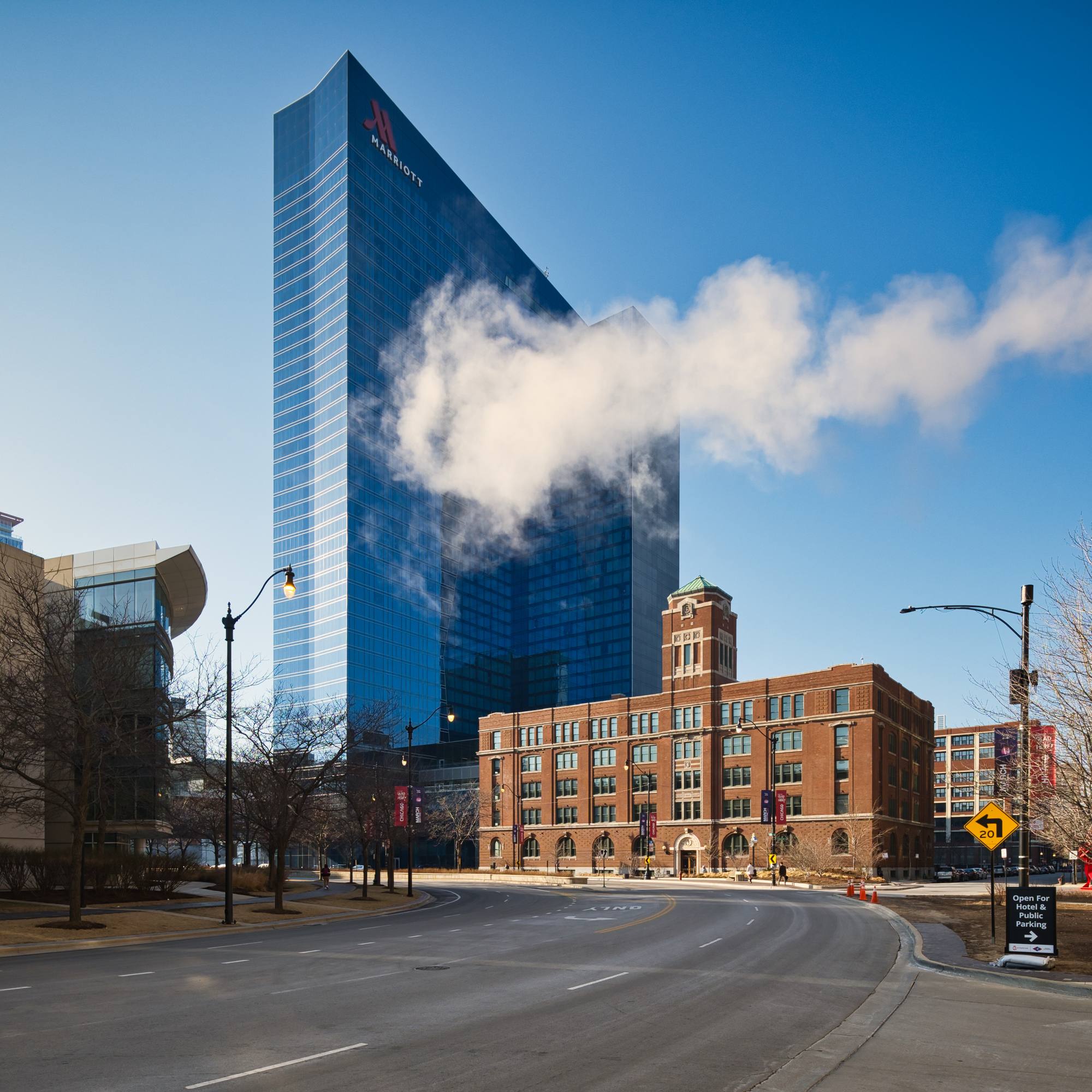 The Marriott Marquis Chicago tower above the American Book Company Building in the McCormick Place hotel cluster