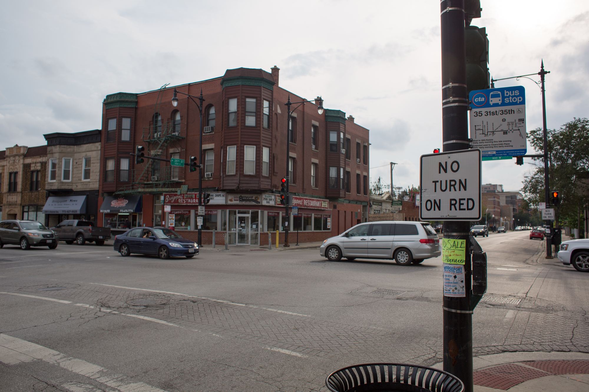 The corner of 35th and Halsted in Bridgeport, with brick buildings and storefronts across the intersection
