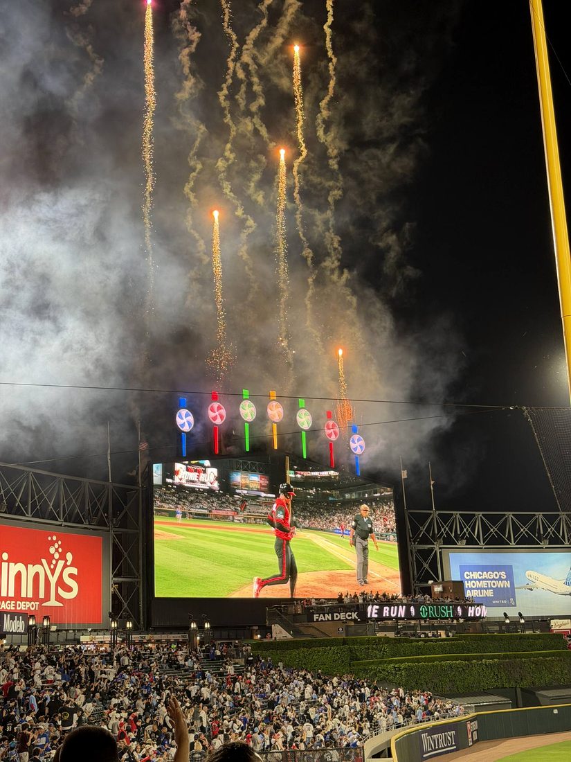 The Rate Field center field scoreboard firing fireworks after a White Sox home run