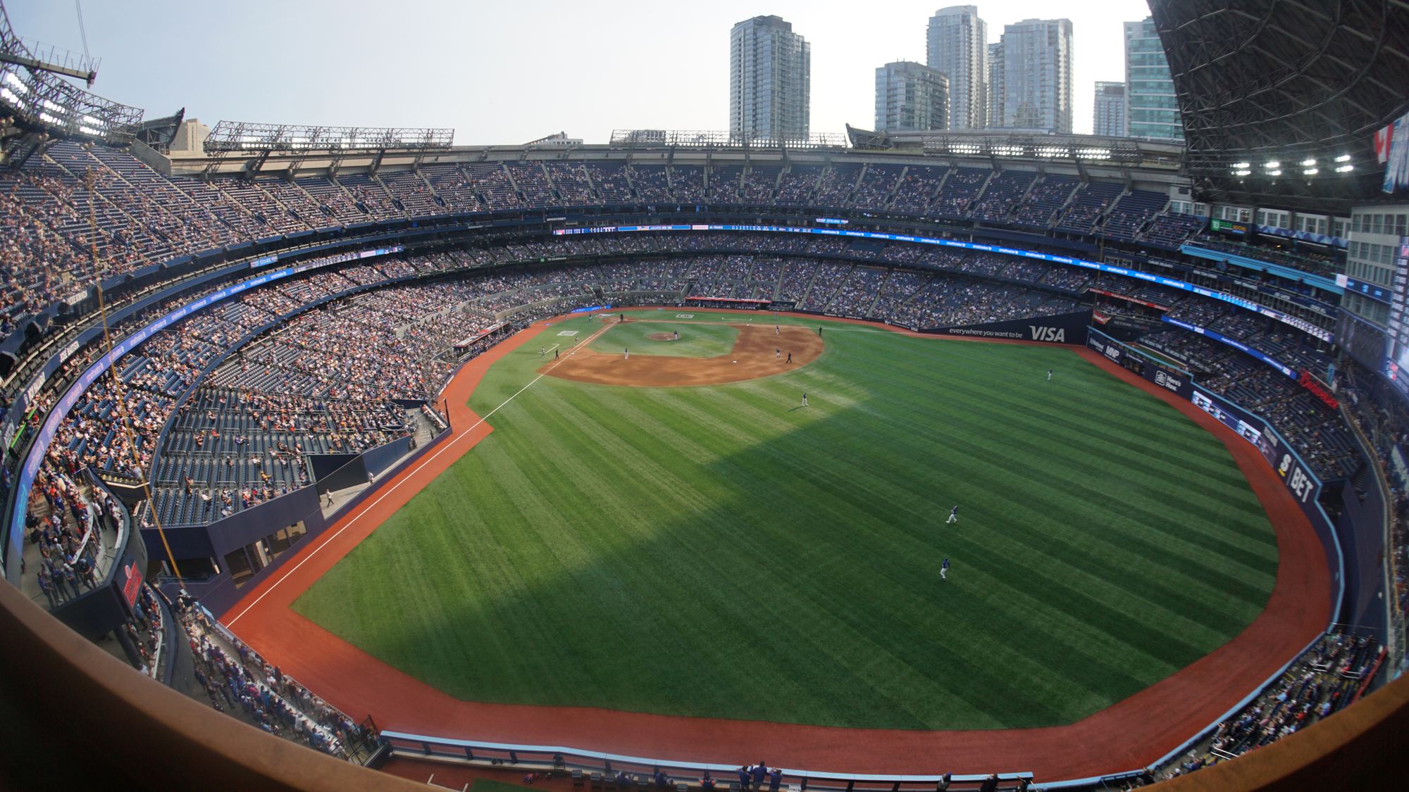 The view of the field from the rooftop patio at Rogers Centre