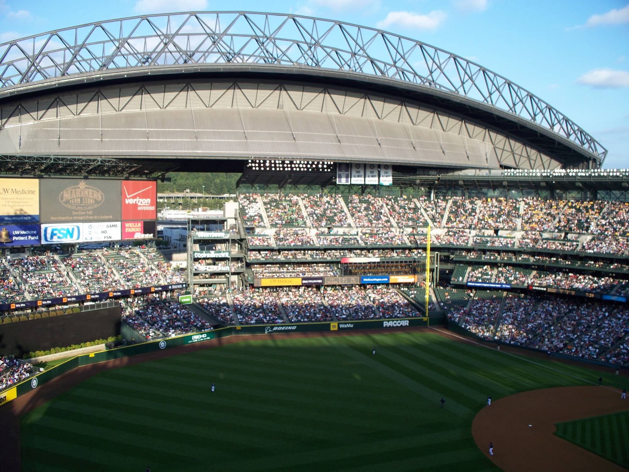 The retractable roof open over T-Mobile Park, seen from outside