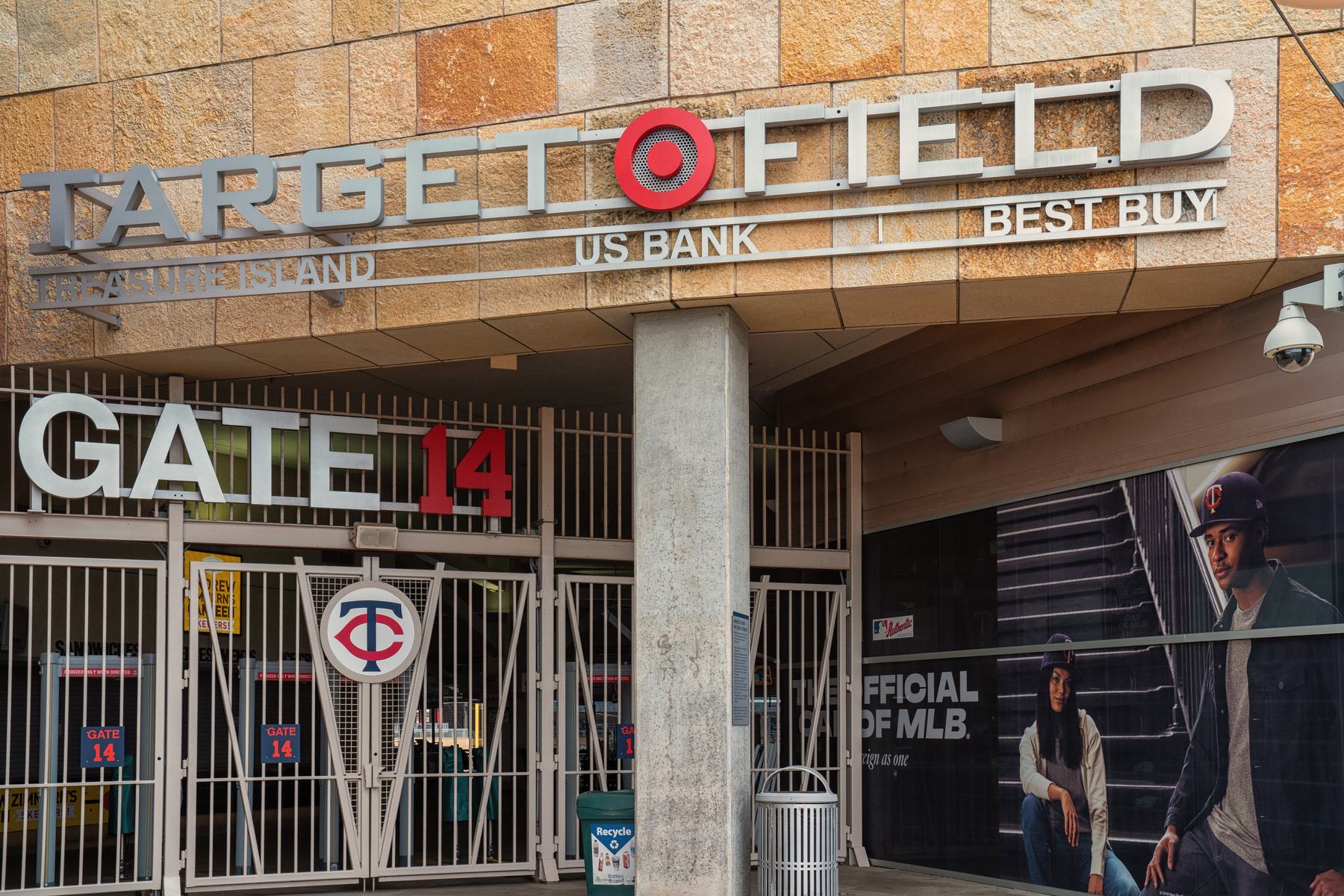 Gate 14 at Target Field, the entrance beneath the limestone facade and the Target Field lettering