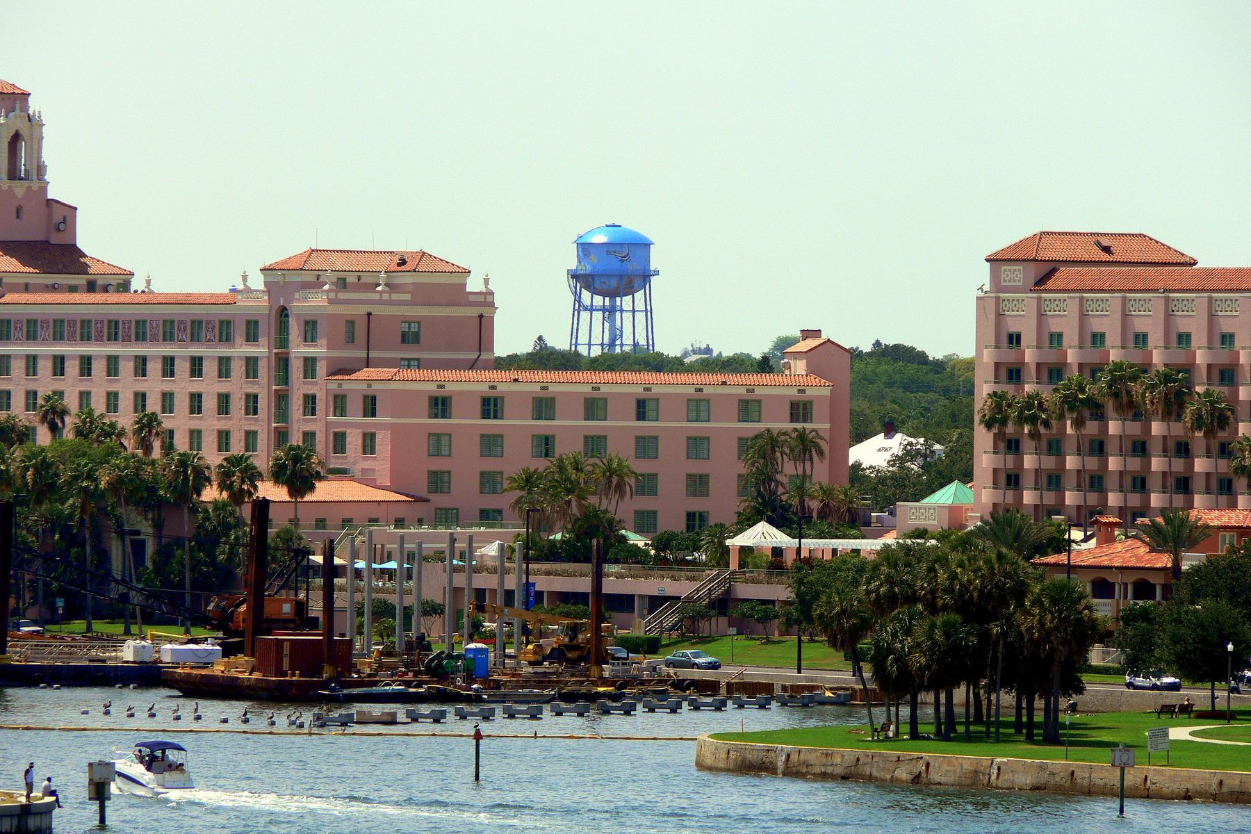 The St. Petersburg waterfront, boats in the marina and the downtown hotel district along the bay