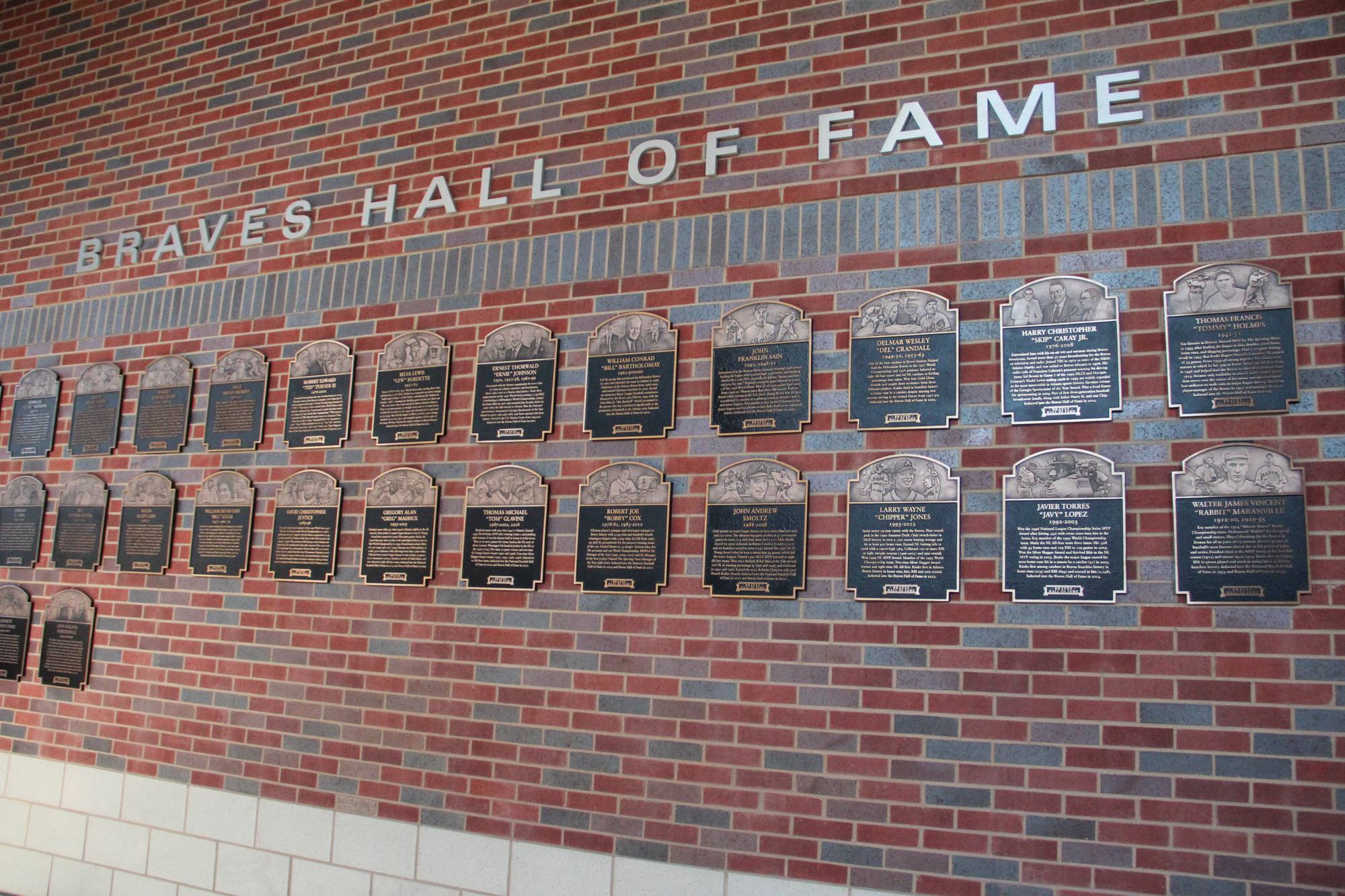 The Braves Hall of Fame wall in Monument Garden at Truist Park